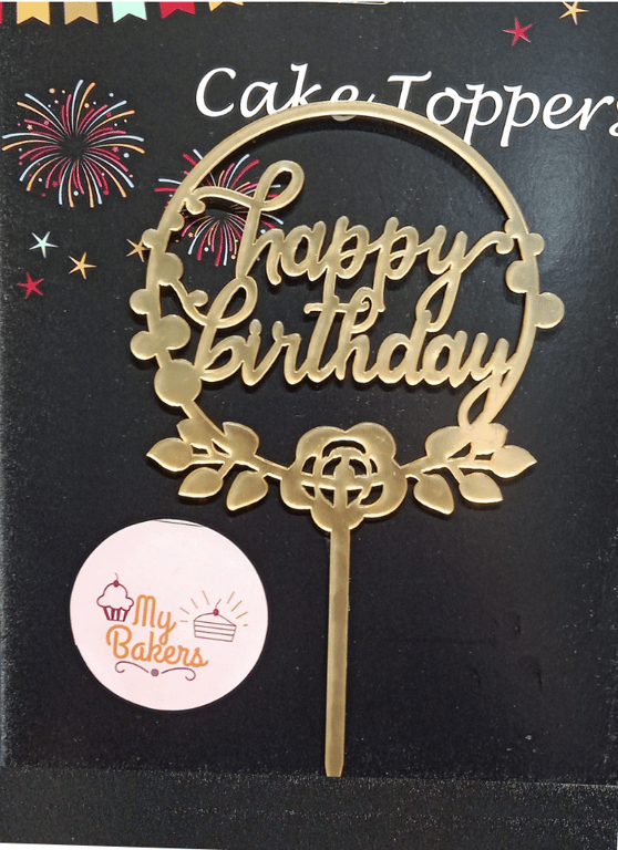 Happy Birthday Flower Decor Golden Acrylic Topper 5 inch Pack of 1