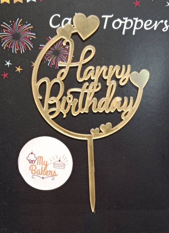 Happy Birthday Half Circle Heart Golden Acrylic Topper 5 inch Pack of 1