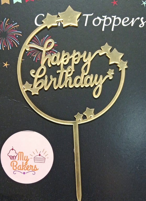 Happy Birthday Half Circle Star Golden Acrylic Topper 5 inch Pack of 1