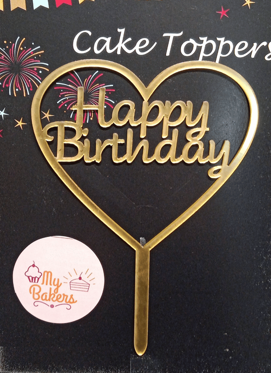 Happy Birthday Heart Shape Gold Mirror Acrylic Topper 5 inch Pack of 1