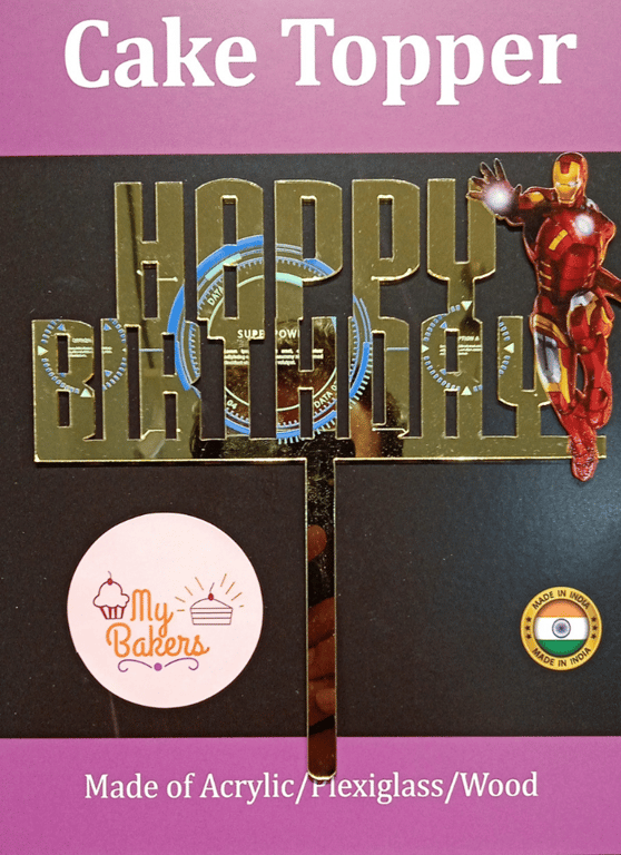 Happy Birthday Iron Man Golden Acrylic Topper 6 inch Pack of 1
