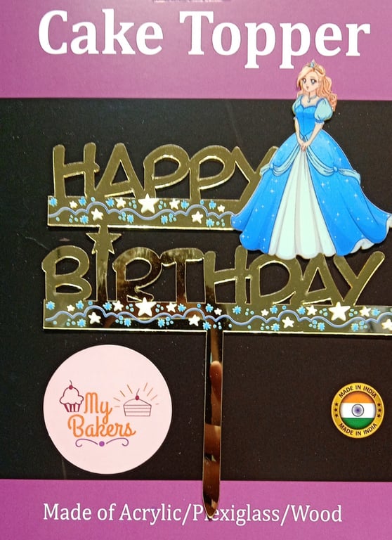 Happy Birthday Princess Golden Acrylic Topper 6 inch Pack of 1