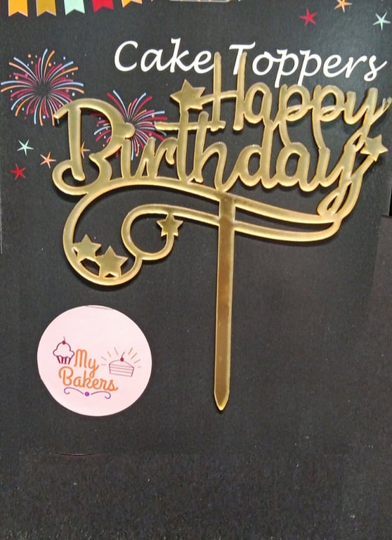 Happy Birthday Star Design Golden Acrylic Topper 5 inch Pack of 1