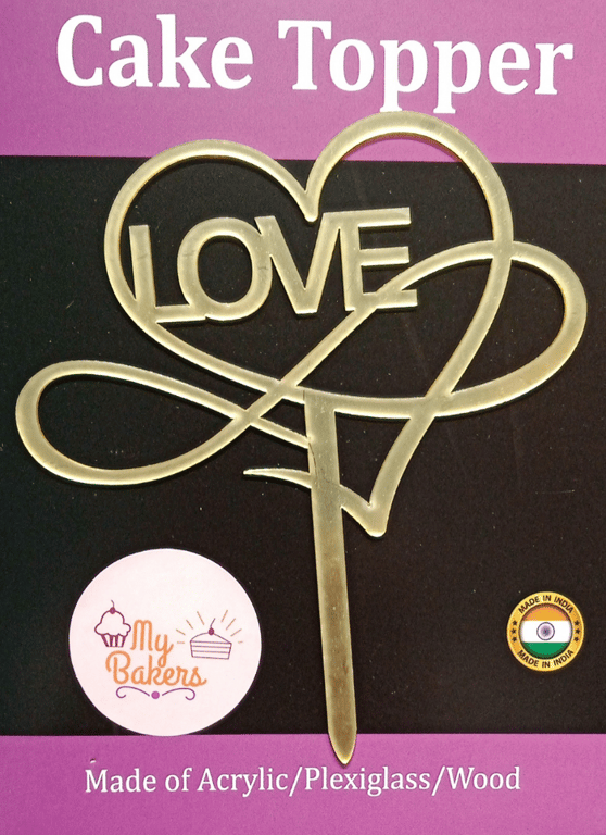 Love Heart Design Golden Acrylic Topper 6 inch Pack of 1