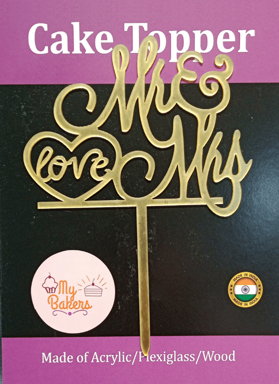 Mr And Mrs Love Heart Gold Mirror Acrylic Topper 6 inch Pack of 1