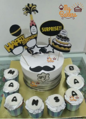 Moustache Cake With 8 Letters Cups