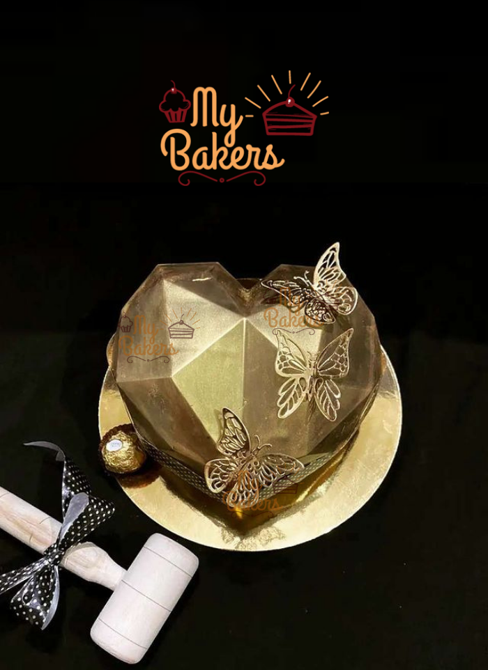 Golden Theme Butterfly Pinata Heart Cake With Ferrero Rocher Ball