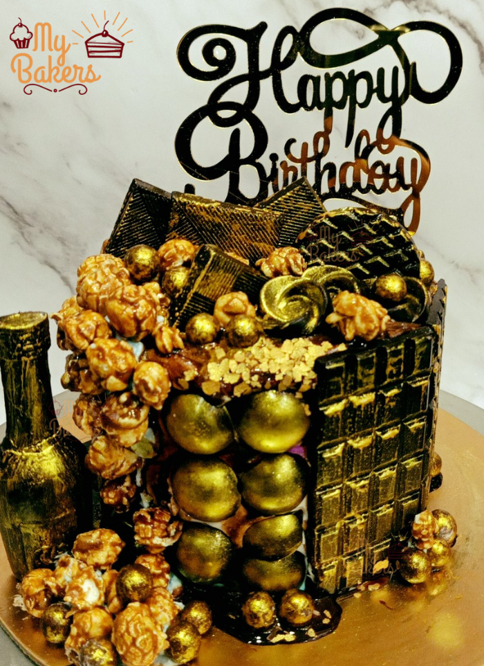 Golden Dark Chocolate With Edible Bottle And Caramel Pop Corn Cake