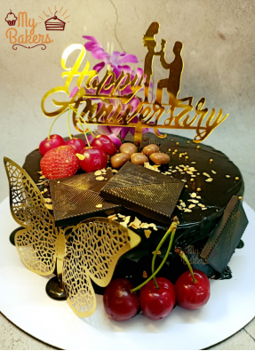 Golden Dark Chocolate With Red Cherry Anniversary Cake