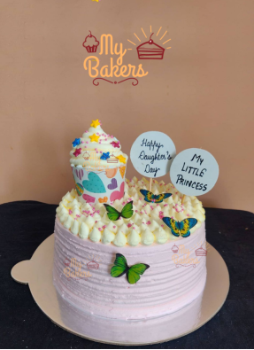 Butterfly Theme Daughters Day Cake With 1 Cup Cake