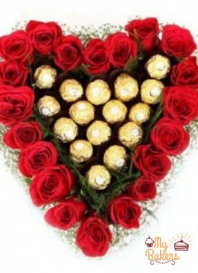 Roses And Ferreo Rocher Heart Shaped Bouquet