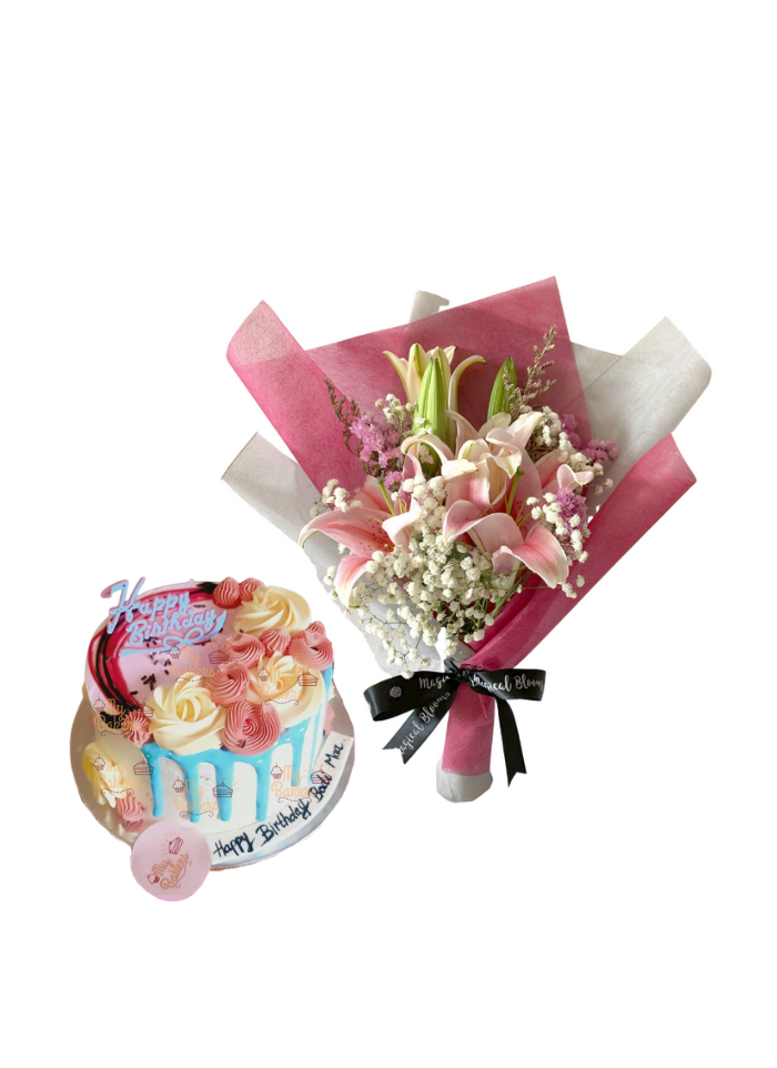 Baby Breath and Pink Lily Bouquet with Cake Flower On Top