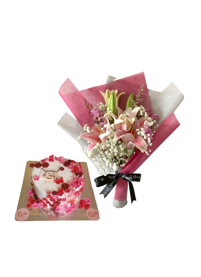 Baby Breath and Pink Lily Bouquet with Edible Flower Cake