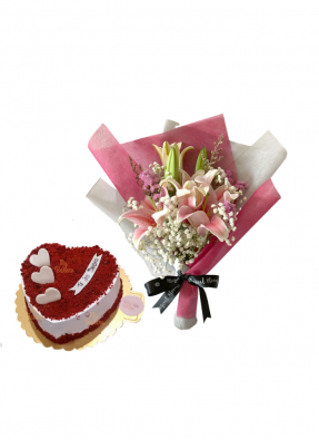 Baby Breath and Pink Lily Bouquet with Heart Shaped  Red Velvet Cake