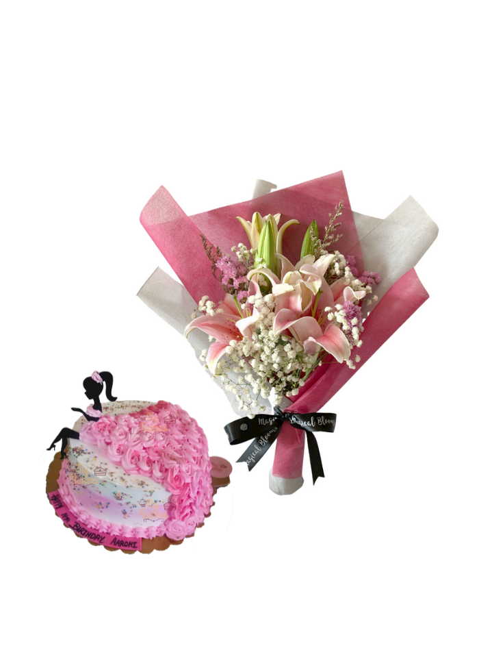 Baby Breath and Pink Lily Bouquet with Miss World Shaped Cake