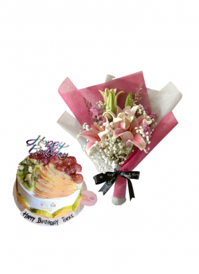 Baby Breath and Pink Lily Bouquet with Mix Fruit Cake