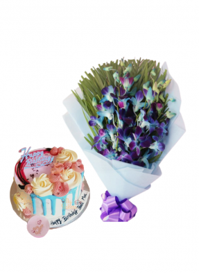 Blue Orchid Bouquet with Cake Flower on Top