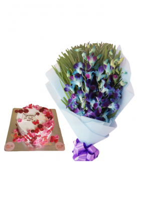 Blue Orchid Bouquet with Edible Flower Cake