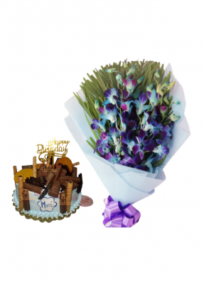Blue Orchid Bouquet with Lots of Chocolate Cake