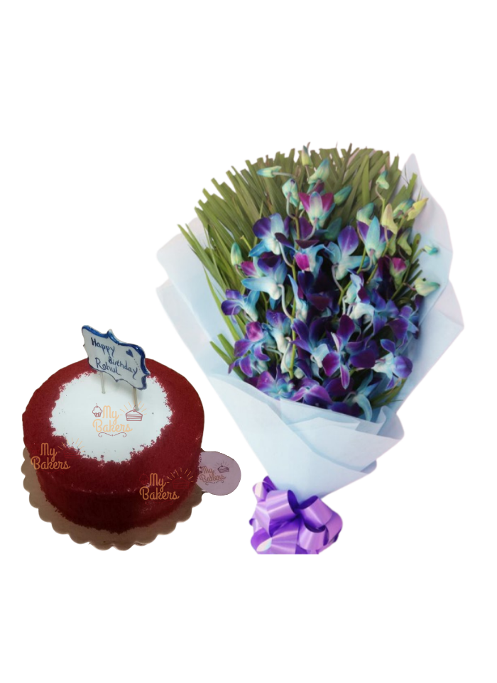 Blue Orchid Bouquet with Red Velvet Cake
