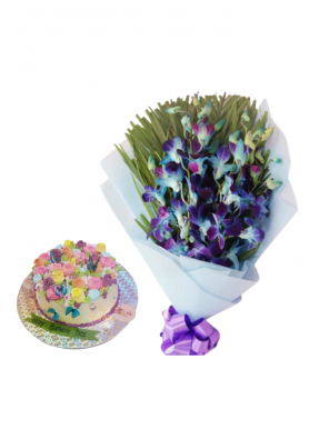 Blue Orchid Bouquet with Special Edible Flowers and Butterfly Cake