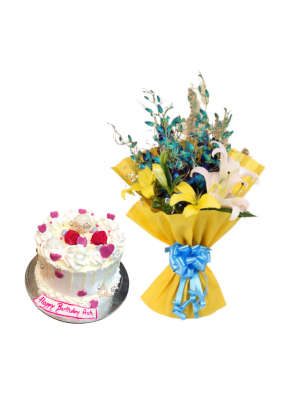 Lily and Orchid Bouquet with Birthday Cake
