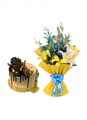 Lily and Orchid Bouquet with Golden Cake 