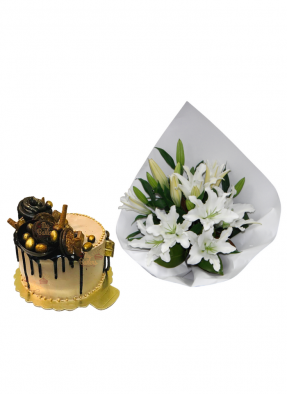 Lily Bouquet with Golden Cake 