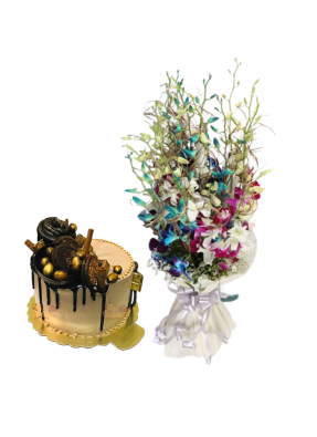 Mix Orchid Bouquet with Golden Cake 