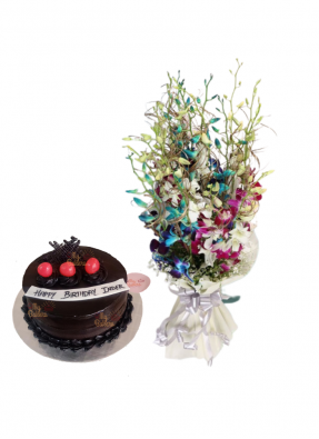 Mix Orchid Bouquet with Strawberry Chocolate Cake