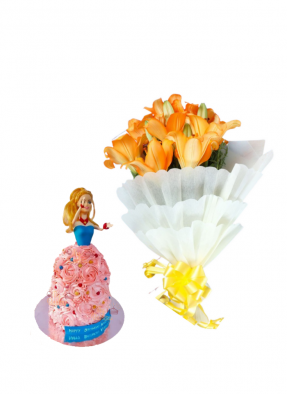 Orange Lilies Bouquet with Barbie doll Cake