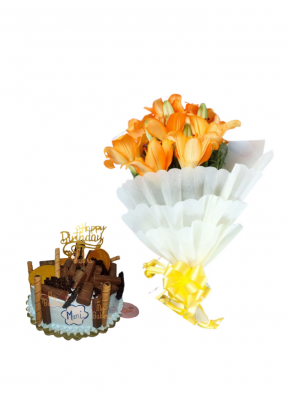 Orange Lilies Bouquet with Lots of Chocolate Cake
