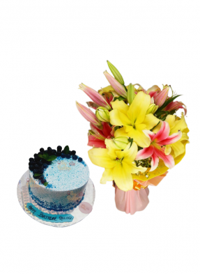 Pink and Yellow Lily Bouquet with Blue Berry Cake