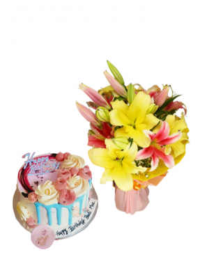 Pink and Yellow Lily Bouquet with Cake Flower on Top