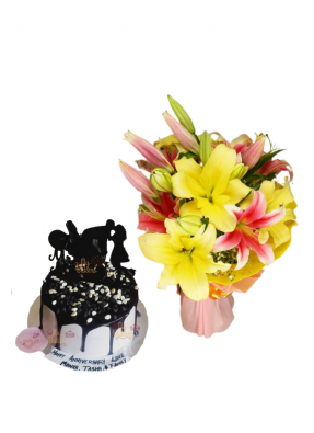 Pink and Yellow Lily Bouquet with Love Chocolate Cake