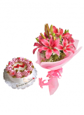 Pink Love Lily Bouquet with Vanilla Cake