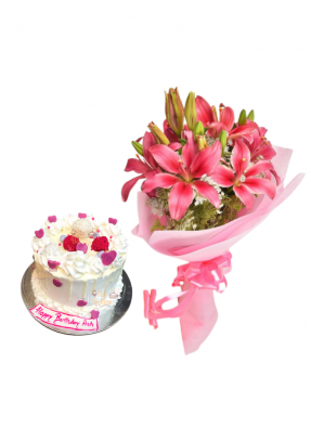 Pink Love Lily Bouquet with Birthday Cake