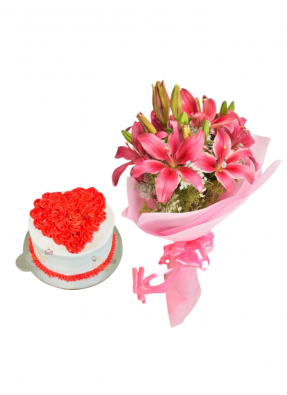 Pink Love Lily Bouquet with Cake Heart Shape