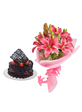 Pink Love Lily Bouquet with Chocolate Cake Designer