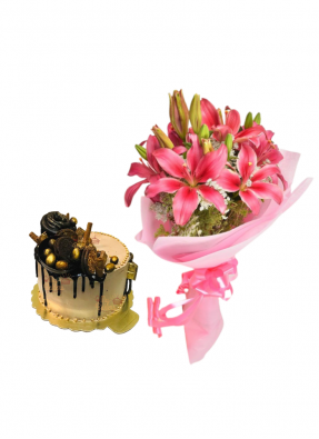 Pink Love Lily Bouquet with Golden Cake 