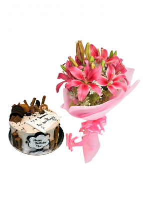 Pink Love Lily Bouquet with Special Cake for Mom