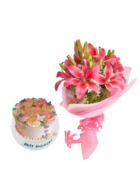 Pink Love Lily Bouquet with Special Edible Butterfly Cake