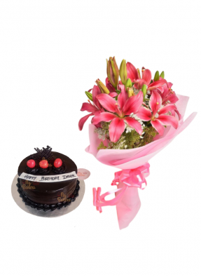 Pink Love Lily Bouquet with Strawberry Chocolate Cake