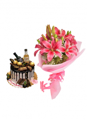 Pink Love Lily Bouquet with Whiskey Cake