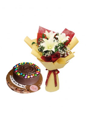 White Lily Bouquet with Chocolate Truffle Cake