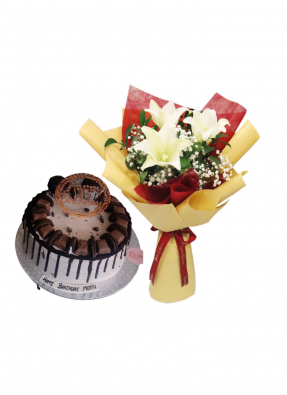 White Lily Bouquet with Exclusive Chocolate Oreo Cake