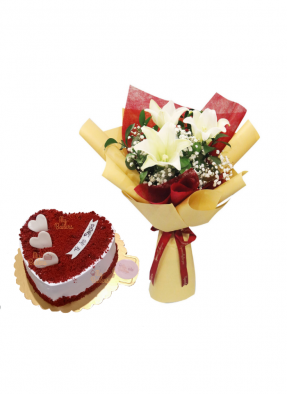White Lily Bouquet with Heart Shaped Red Velvet Cake