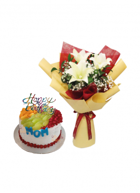 White Lily Bouquet with Lots of Mix Fruit Cake