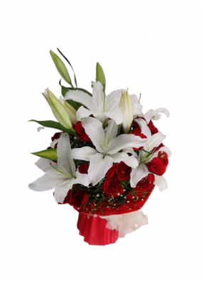 White Lily and Red Roses Bouquet