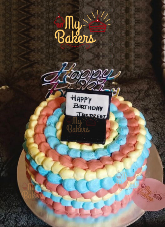 Colourful Cream Designer Cake with Edible Laptop